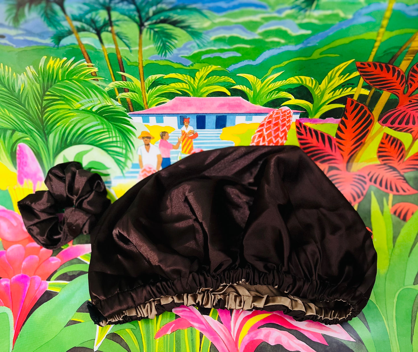 Bonnet de nuit réversible en satin + chouchou assorti - Miss Flora | Protection & Élégance