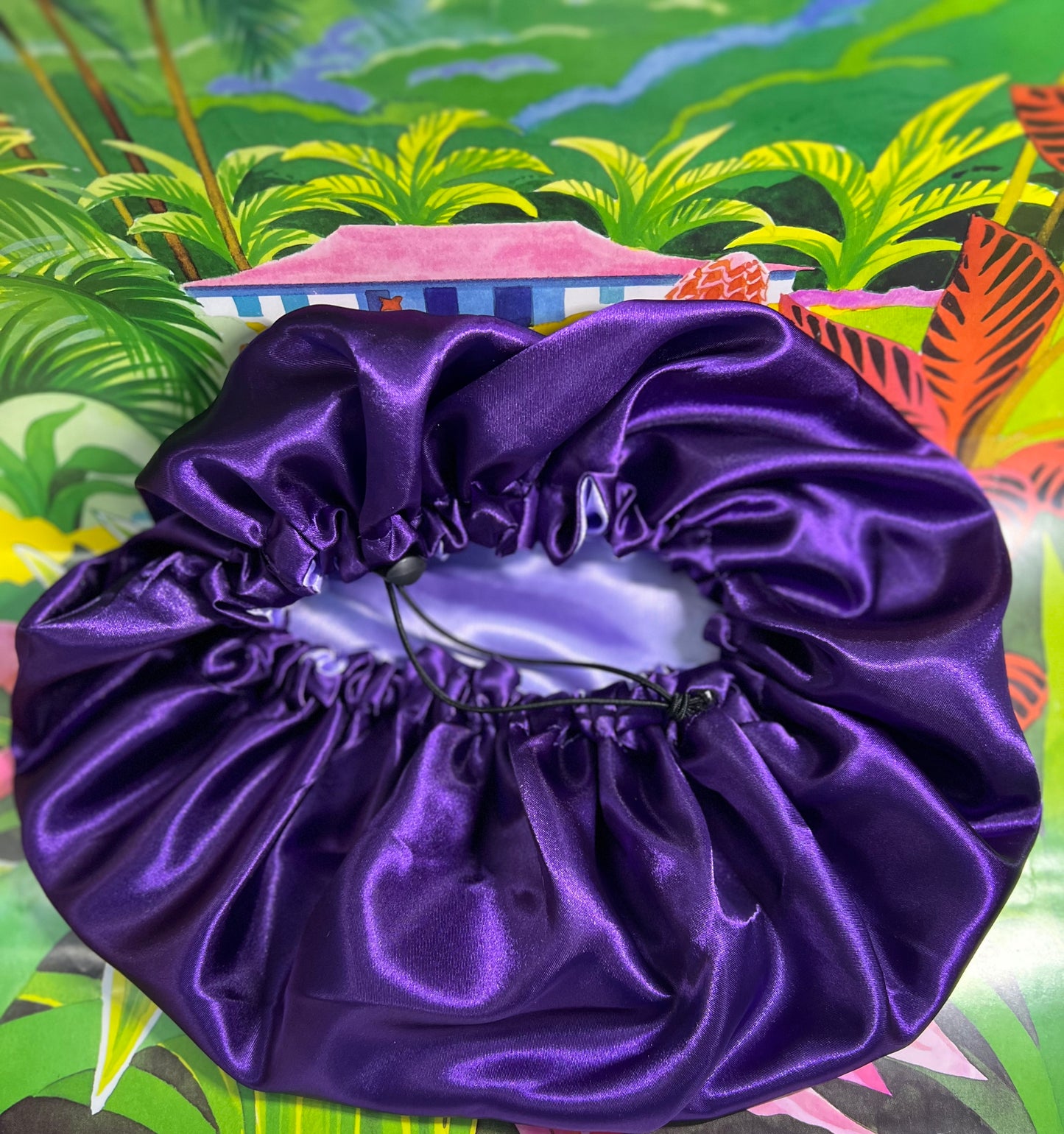 Bonnet de nuit satin violet réversible – Miss Paula